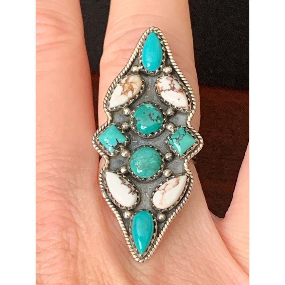 925 Sterling Silver Mohave Turquoise White Wild Horse Statement Ring Adjustable